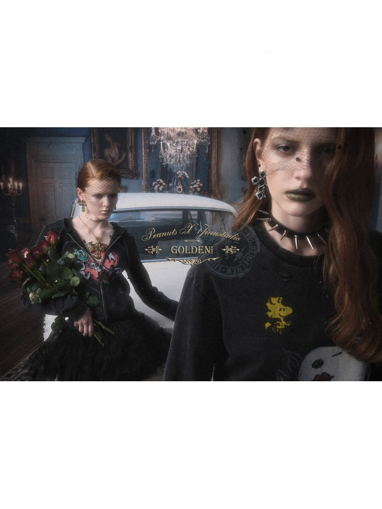 Cross Print Cut-Out Waist-Revealing Mid-Length Slimming Long-Sleeve T-Shirt【s0000017817】