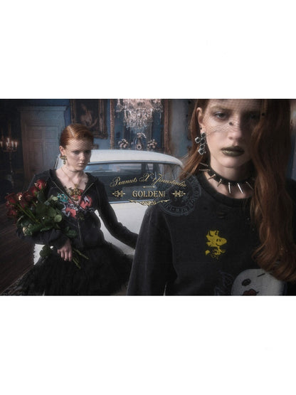 Cross Print Cut-Out Waist-Revealing Mid-Length Slimming Long-Sleeve T-Shirt【s0000017817】
