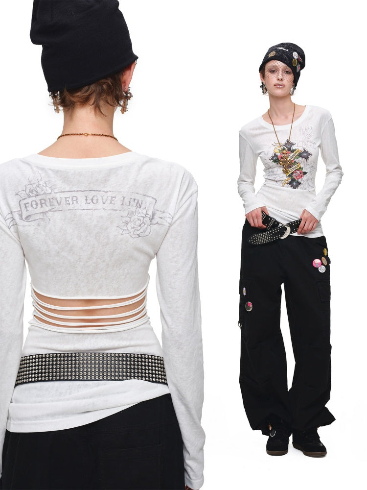 Cross Print Cut-Out Waist-Revealing Mid-Length Slimming Long-Sleeve T-Shirt【s0000017817】
