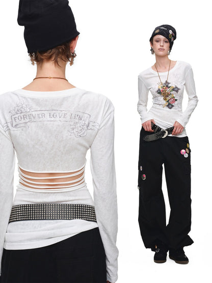 Cross Print Cut-Out Waist-Revealing Mid-Length Slimming Long-Sleeve T-Shirt【s0000017817】