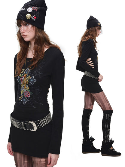 Cross Print Cut-Out Waist-Revealing Mid-Length Slimming Long-Sleeve T-Shirt【s0000017817】