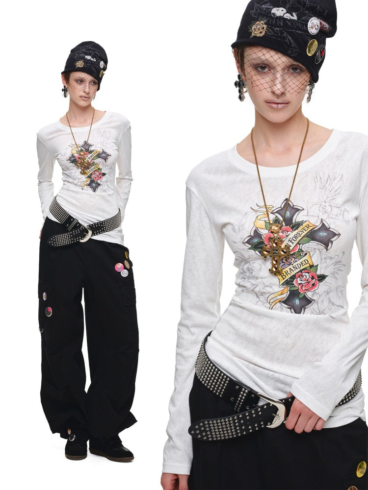 Cross Print Cut-Out Waist-Revealing Mid-Length Slimming Long-Sleeve T-Shirt【s0000017817】