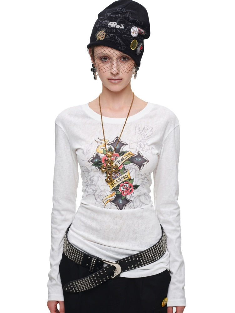 Cross Print Cut-Out Waist-Revealing Mid-Length Slimming Long-Sleeve T-Shirt【s0000017817】