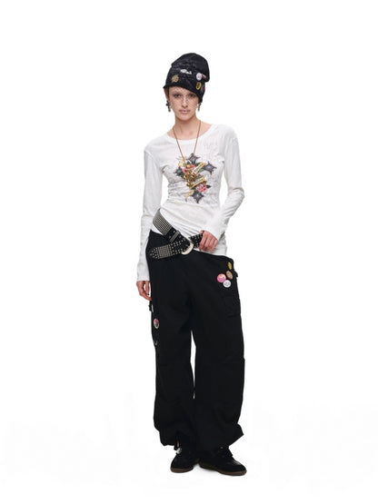 Cross Print Cut-Out Waist-Revealing Mid-Length Slimming Long-Sleeve T-Shirt【s0000017817】