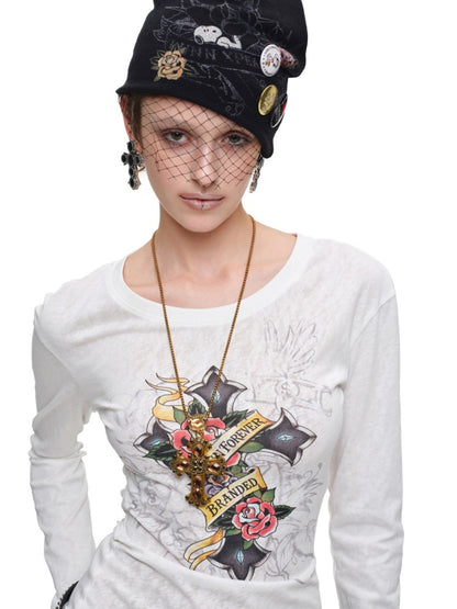 Cross Print Cut-Out Waist-Revealing Mid-Length Slimming Long-Sleeve T-Shirt【s0000017817】
