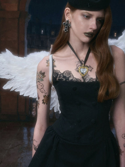 Lace Patchwork Napoleon Double-Breasted Waist-Cinching Faux Two-Piece Strap Fishbone Dress【s0000017818】