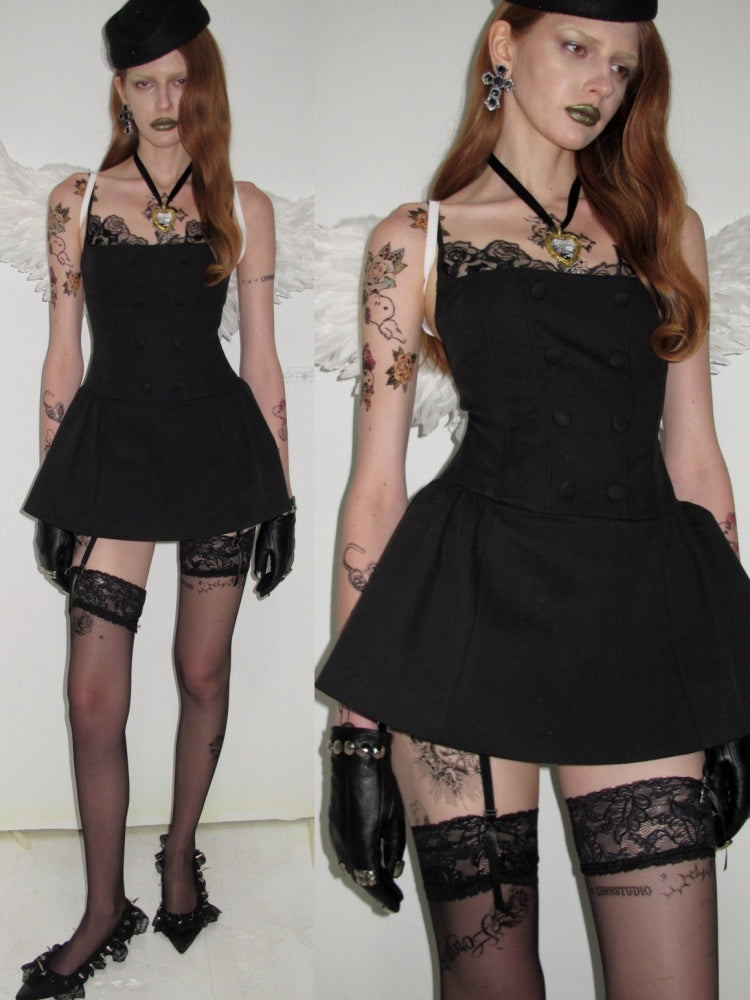 Lace Patchwork Napoleon Double-Breasted Waist-Cinching Faux Two-Piece Strap Fishbone Dress【s0000017818】