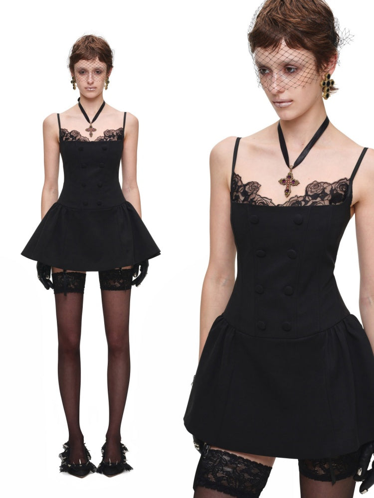 Lace Patchwork Napoleon Double-Breasted Waist-Cinching Faux Two-Piece Strap Fishbone Dress【s0000017818】