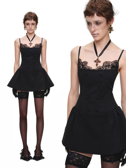 Lace Patchwork Napoleon Double-Breasted Waist-Cinching Faux Two-Piece Strap Fishbone Dress【s0000017818】