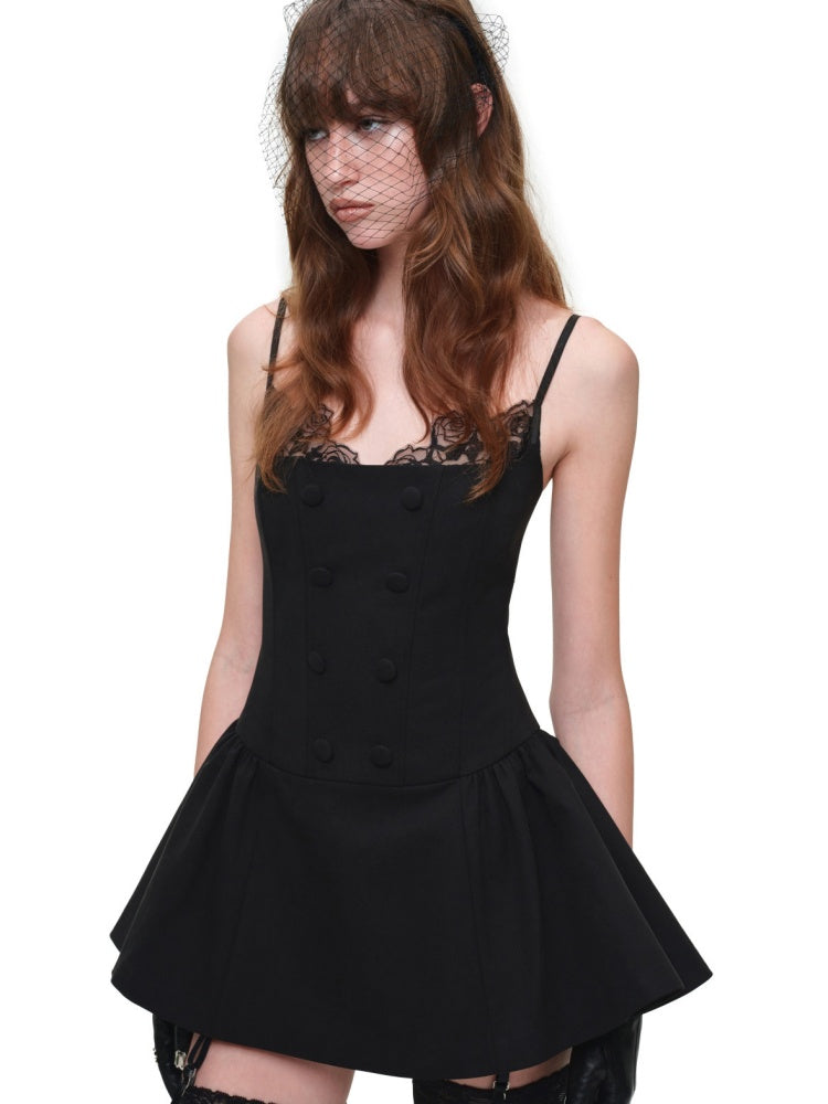 Lace Patchwork Napoleon Double-Breasted Waist-Cinching Faux Two-Piece Strap Fishbone Dress【s0000017818】