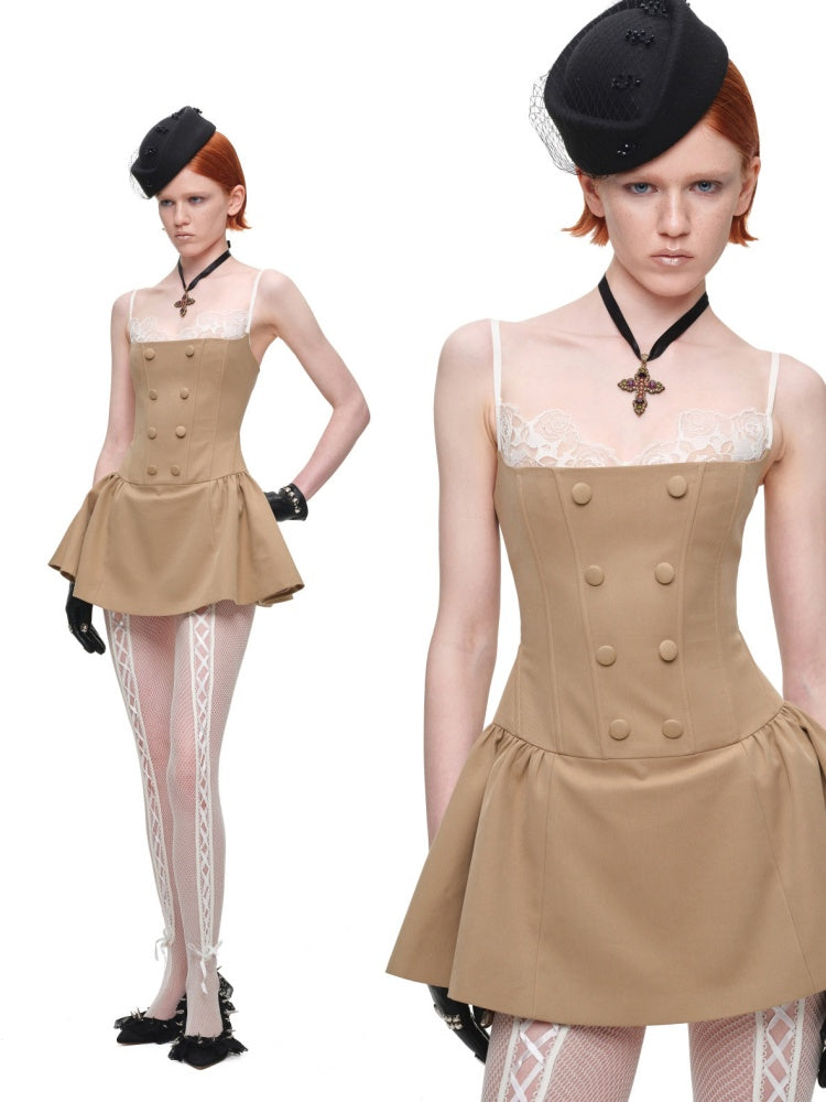 Lace Patchwork Napoleon Double-Breasted Waist-Cinching Faux Two-Piece Strap Fishbone Dress【s0000017818】