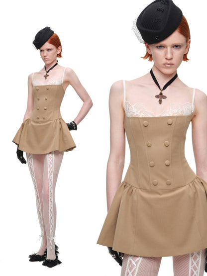 Lace Patchwork Napoleon Double-Breasted Waist-Cinching Faux Two-Piece Strap Fishbone Dress【s0000017818】