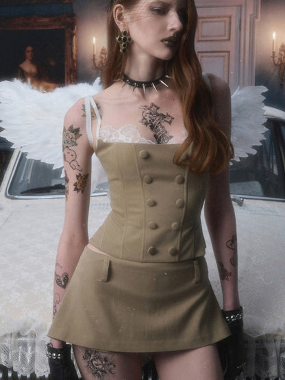 Lace Patchwork Napoleon Double-Breasted Waist-Cinching Faux Two-Piece Strap Fishbone Dress【s0000017818】
