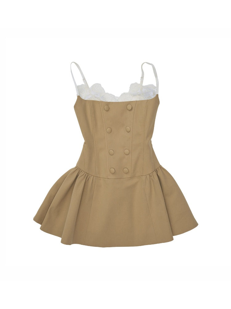 Lace Patchwork Napoleon Double-Breasted Waist-Cinching Faux Two-Piece Strap Fishbone Dress【s0000017818】