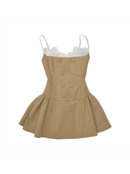 Lace Patchwork Napoleon Double-Breasted Waist-Cinching Faux Two-Piece Strap Fishbone Dress【s0000017818】