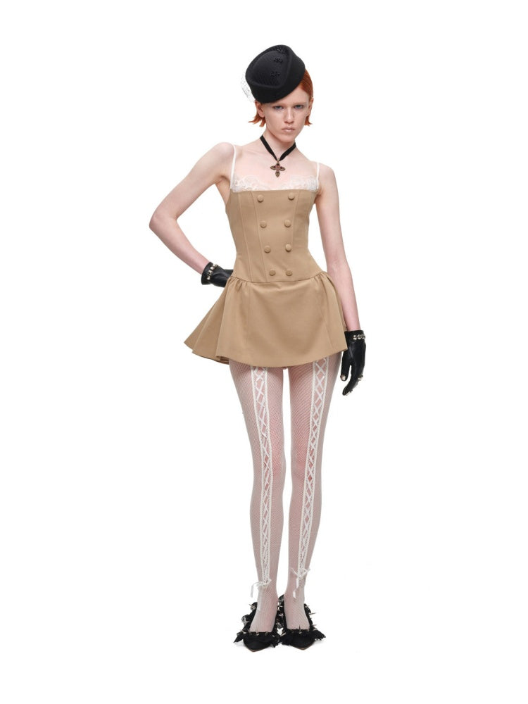 Lace Patchwork Napoleon Double-Breasted Waist-Cinching Faux Two-Piece Strap Fishbone Dress【s0000017818】