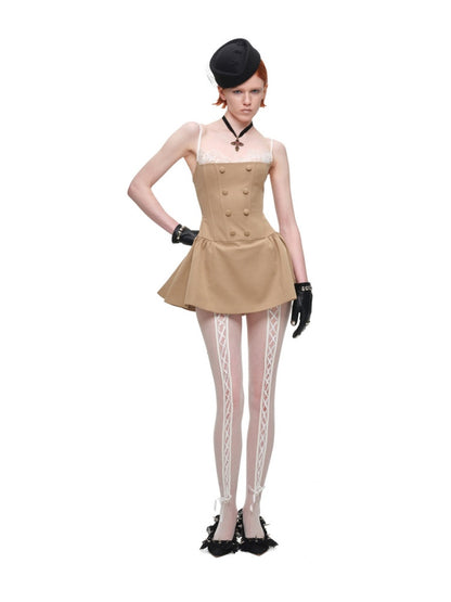 Lace Patchwork Napoleon Double-Breasted Waist-Cinching Faux Two-Piece Strap Fishbone Dress【s0000017818】