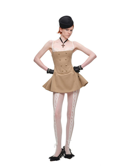 Lace Patchwork Napoleon Double-Breasted Waist-Cinching Faux Two-Piece Strap Fishbone Dress【s0000017818】