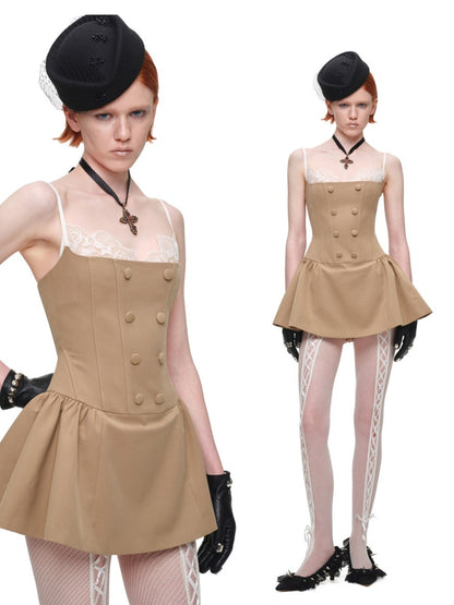 Lace Patchwork Napoleon Double-Breasted Waist-Cinching Faux Two-Piece Strap Fishbone Dress【s0000017818】