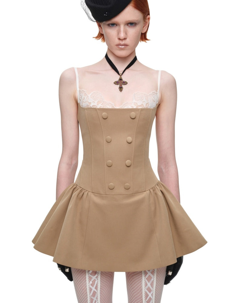 Lace Patchwork Napoleon Double-Breasted Waist-Cinching Faux Two-Piece Strap Fishbone Dress【s0000017818】