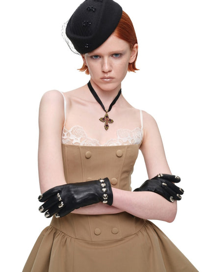 Lace Patchwork Napoleon Double-Breasted Waist-Cinching Faux Two-Piece Strap Fishbone Dress【s0000017818】