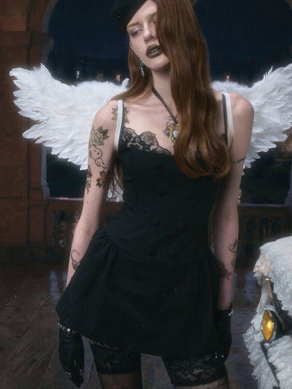 Lace Patchwork Napoleon Double-Breasted Waist-Cinching Faux Two-Piece Strap Fishbone Dress【s0000017818】
