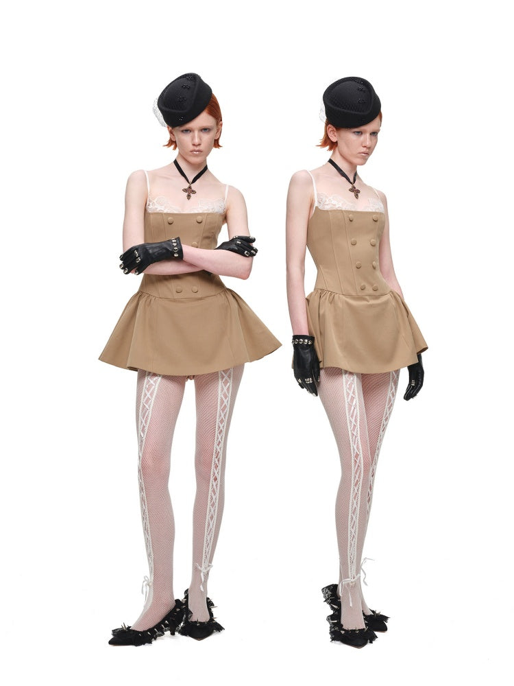 Lace Patchwork Napoleon Double-Breasted Waist-Cinching Faux Two-Piece Strap Fishbone Dress【s0000017818】