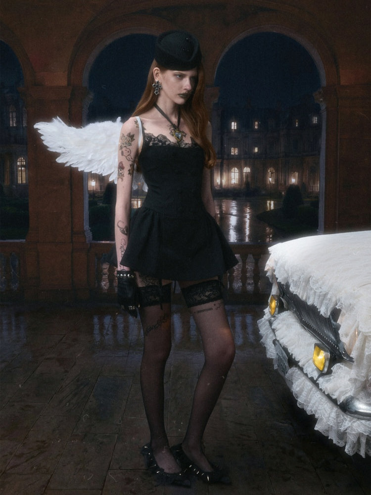 Lace Patchwork Napoleon Double-Breasted Waist-Cinching Faux Two-Piece Strap Fishbone Dress【s0000017818】