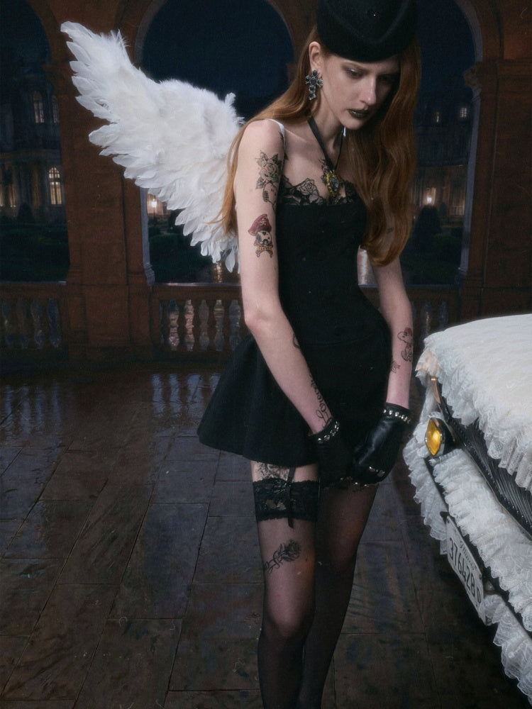 Lace Patchwork Napoleon Double-Breasted Waist-Cinching Faux Two-Piece Strap Fishbone Dress【s0000017818】