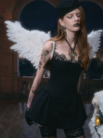 Lace Patchwork Napoleon Double-Breasted Waist-Cinching Faux Two-Piece Strap Fishbone Dress【s0000017818】
