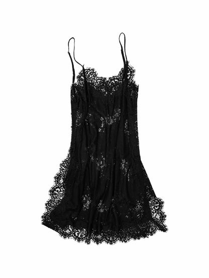 Clever V-neck Lace Sheer Slip Straight Leg Layer Slightly Sheer Slit Dress【s0000017819】