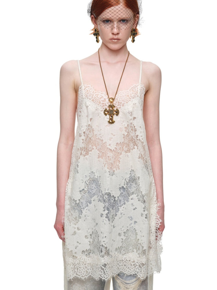 Clever V-neck Lace Sheer Slip Straight Leg Layer Slightly Sheer Slit Dress【s0000017819】