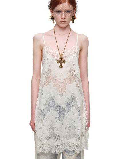 Clever V-neck Lace Sheer Slip Straight Leg Layer Slightly Sheer Slit Dress【s0000017819】