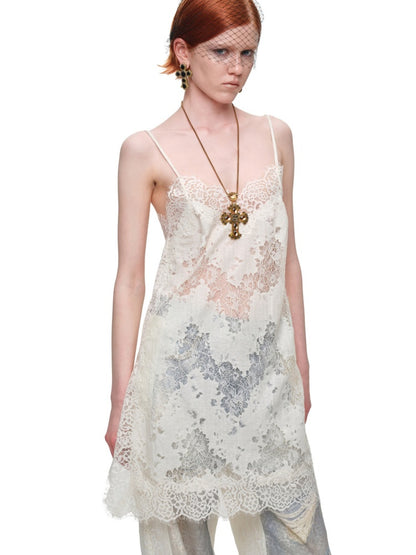 Clever V-neck Lace Sheer Slip Straight Leg Layer Slightly Sheer Slit Dress【s0000017819】
