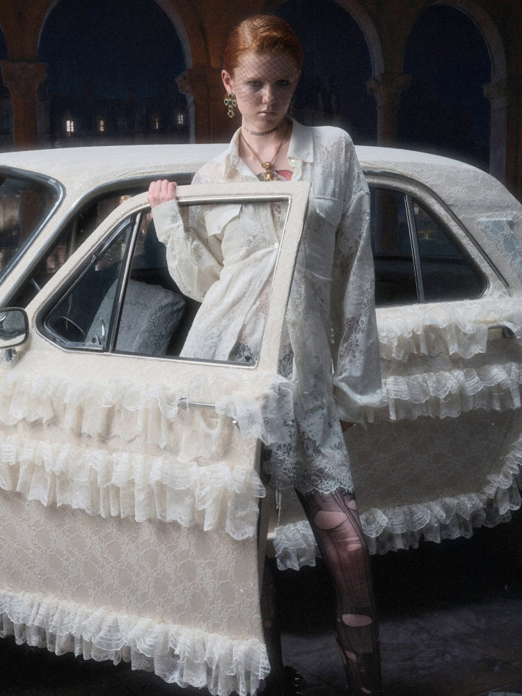 Clever V-neck Lace Sheer Slip Straight Leg Layer Slightly Sheer Slit Dress【s0000017819】