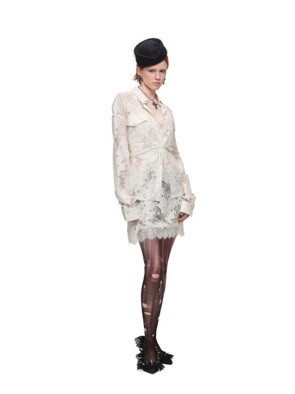Clever V-neck Lace Sheer Slip Straight Leg Layer Slightly Sheer Slit Dress【s0000017819】