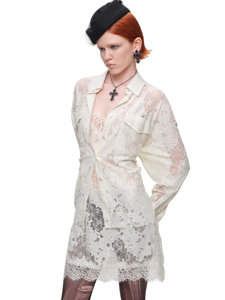 Clever V-neck Lace Sheer Slip Straight Leg Layer Slightly Sheer Slit Dress【s0000017819】