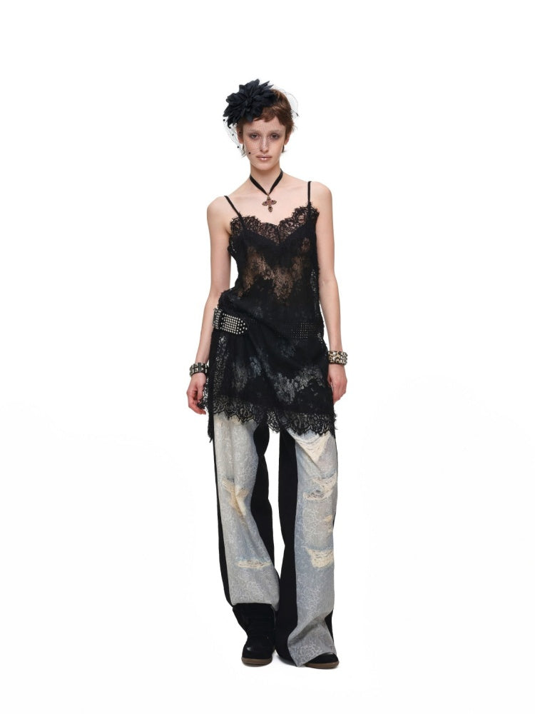 Clever V-neck Lace Sheer Slip Straight Leg Layer Slightly Sheer Slit Dress【s0000017819】