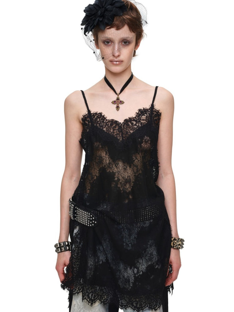 Clever V-neck Lace Sheer Slip Straight Leg Layer Slightly Sheer Slit Dress【s0000017819】