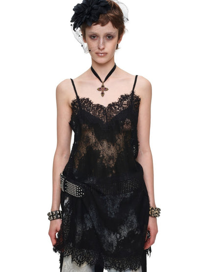 Clever V-neck Lace Sheer Slip Straight Leg Layer Slightly Sheer Slit Dress【s0000017819】