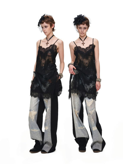 Clever V-neck Lace Sheer Slip Straight Leg Layer Slightly Sheer Slit Dress【s0000017819】