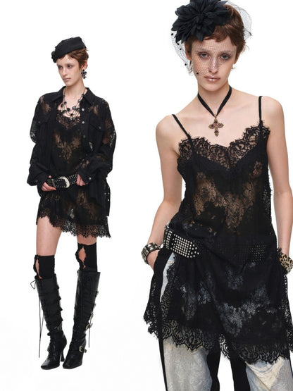 Clever V-neck Lace Sheer Slip Straight Leg Layer Slightly Sheer Slit Dress【s0000017819】