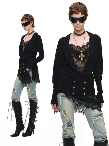 Clever V-neck Lace Sheer Slip Straight Leg Layer Slightly Sheer Slit Dress【s0000017819】