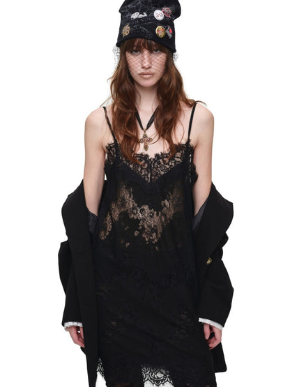 Clever V-neck Lace Sheer Slip Straight Leg Layer Slightly Sheer Slit Dress【s0000017819】