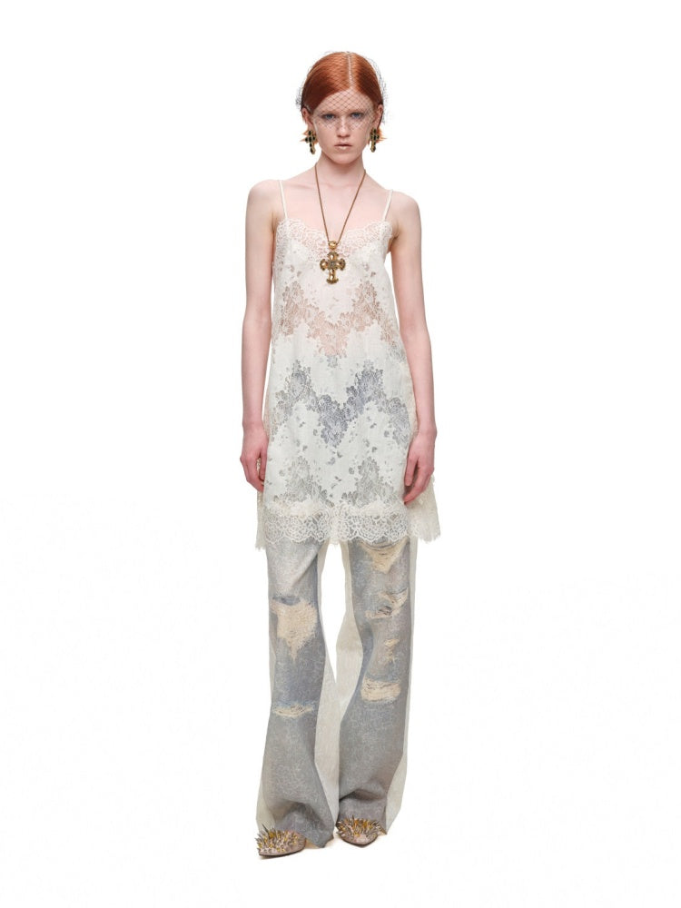 Clever V-neck Lace Sheer Slip Straight Leg Layer Slightly Sheer Slit Dress【s0000017819】