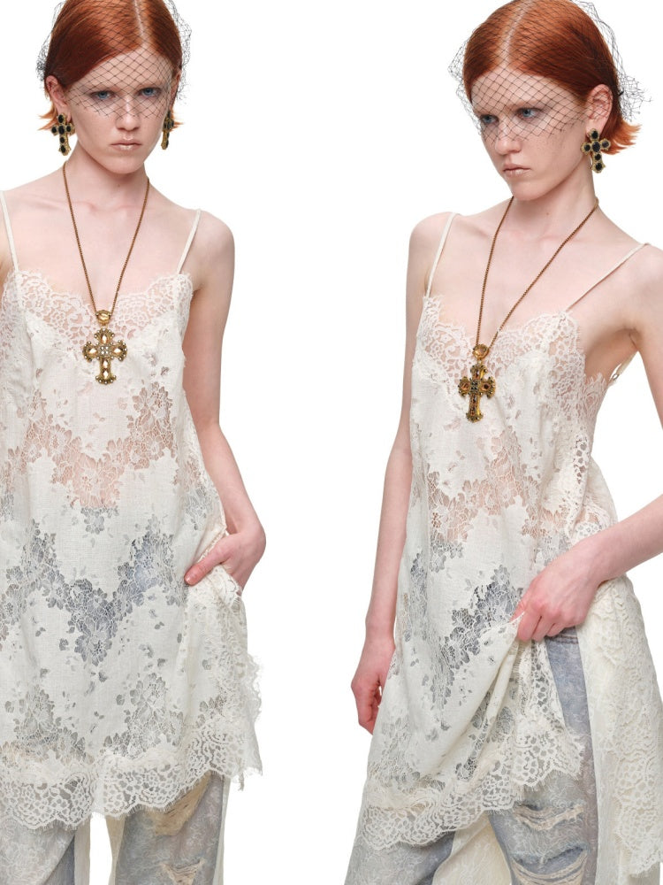 Clever V-neck Lace Sheer Slip Straight Leg Layer Slightly Sheer Slit Dress【s0000017819】