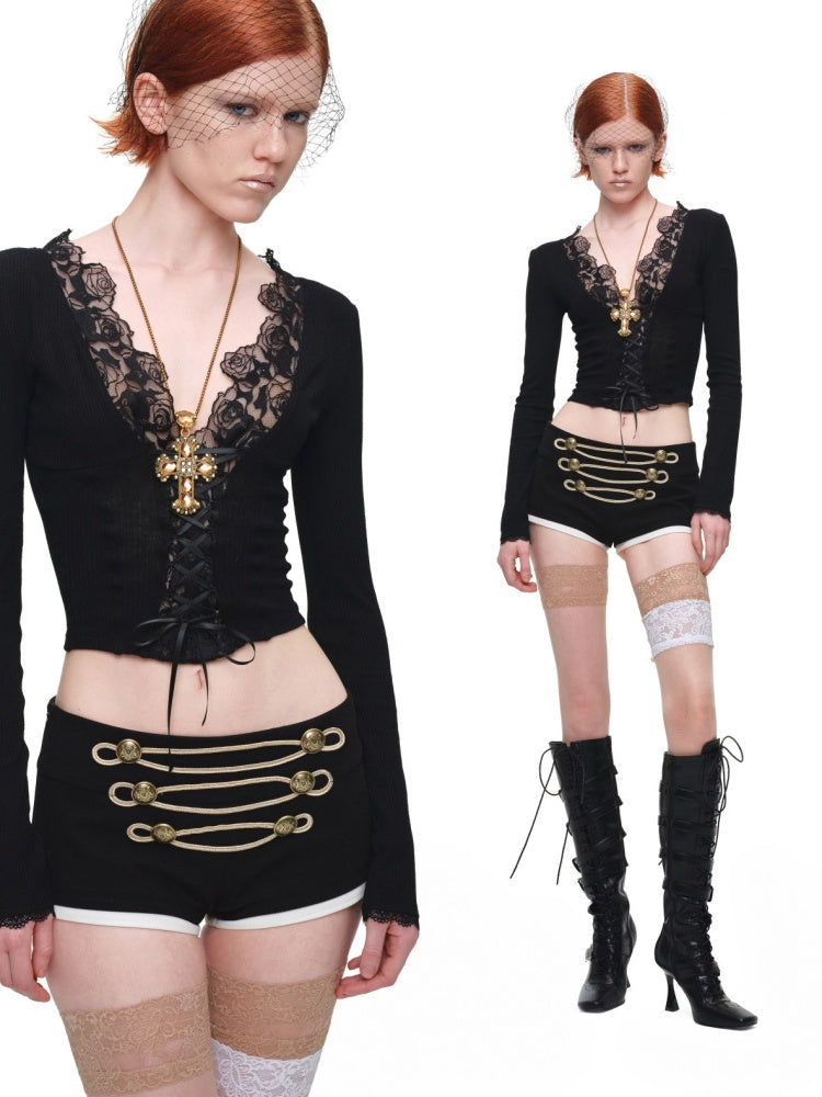 Napoleon Court Style Metallic Button Color-Blocked Low-Waist Suit Shorts【s0000017820】