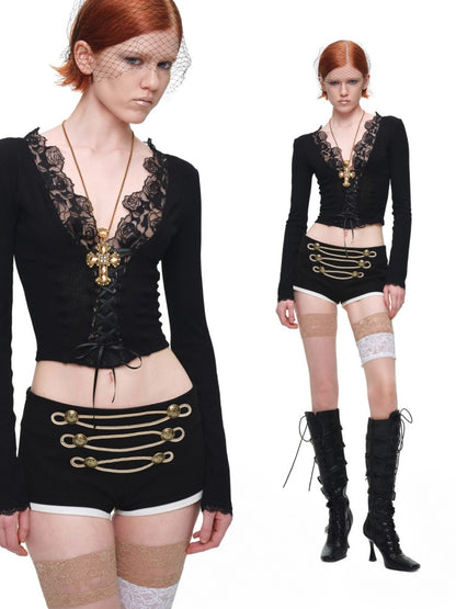 Napoleon Court Style Metallic Button Color-Blocked Low-Waist Suit Shorts【s0000017820】