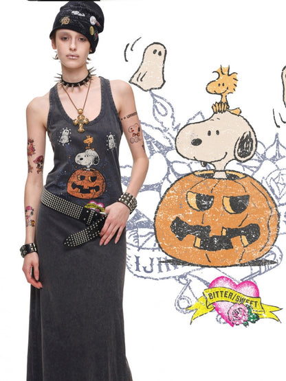 1JINN STUDIO × Snoopy Co-Branded American Vintage Cotton Large Print Washed Rhinestone Vest Dress【s0000017821】