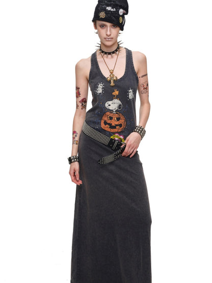 1JINN STUDIO × Snoopy Co-Branded American Vintage Cotton Large Print Washed Rhinestone Vest Dress【s0000017821】